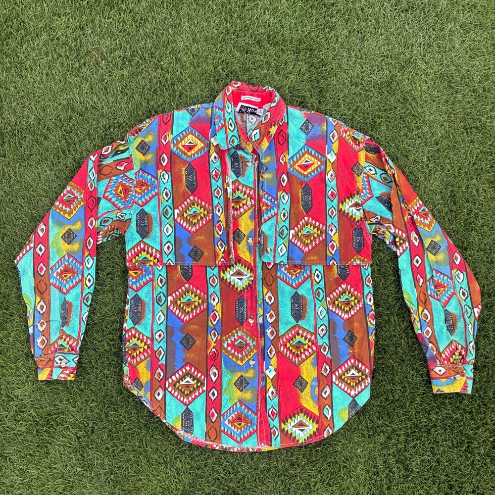 Vintage Adobe Rose Shirt Mens Small Multicolor Abstract Aztec Southwestern Rodeo